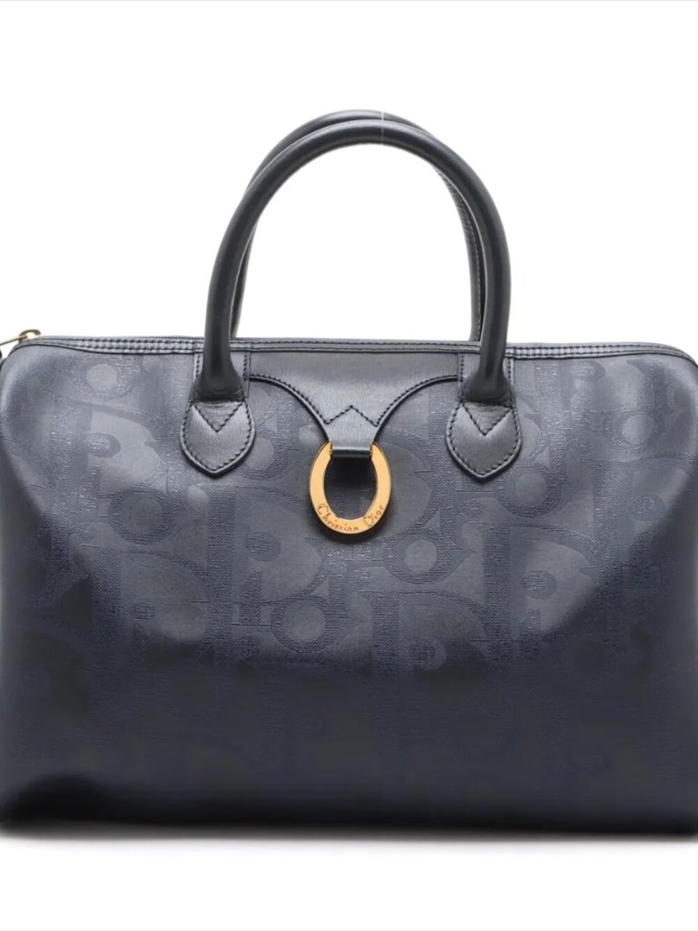 Rare Vintage Dior Navy Blue Leather Top-Handle Bag with Gold Accent